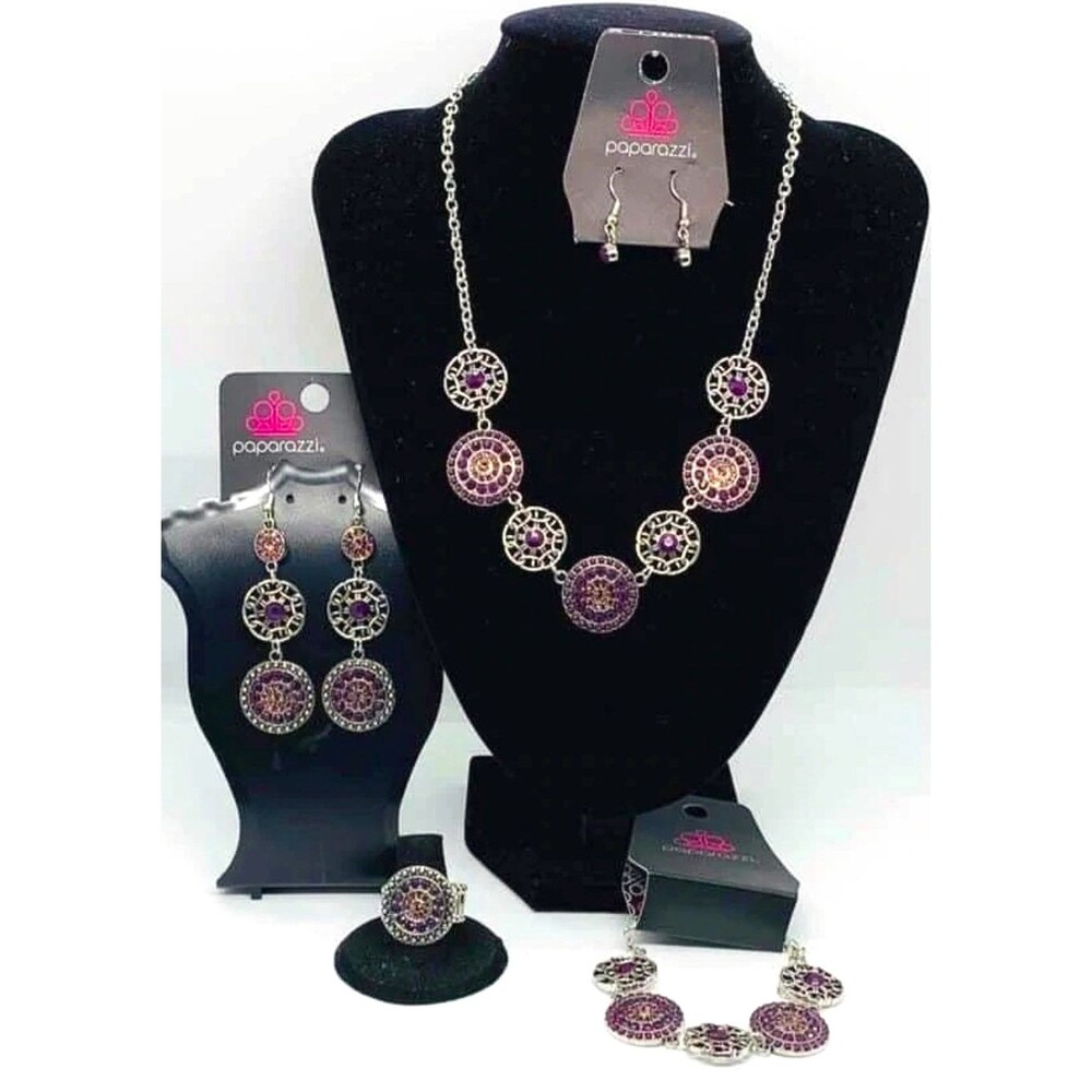 Paparazzi Purple Pink Rhinestone Mandala Necklace Bracelet Ring Earrings Set 4pc